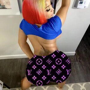 B984 Black with Purple Design/Print Booty Shorts